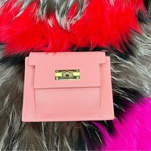 Pink Genuine Epsom Leather Coin Purse Compact Card Holder with Gold Hardware.